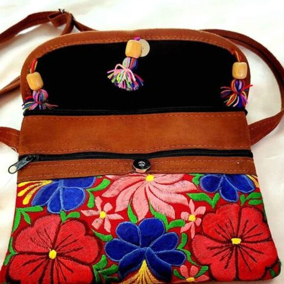 Handbag Faux Suede Multicolor Floral Embroidered Shoulder Tote Bag - Picture 2 of 4